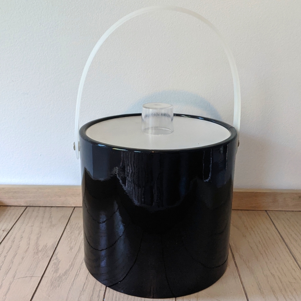Vintage Modern Shelton Designs Black Patent Vinyl and White Lucite Ice bucket